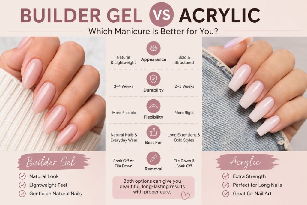 Builder gel vs acrylic guide comparing strength, natural look, cost, and longevity
