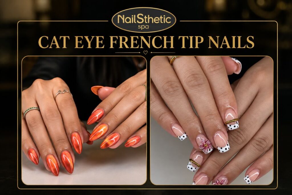 Cat eye French tip nails with modern French manicure design