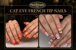 Cat eye French tip nails with modern French manicure design